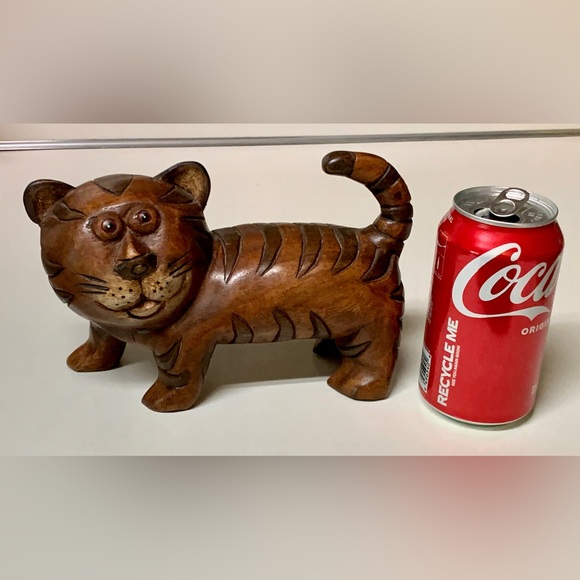 Vintage Mid Century Antique Solid Hand Carved Baby Tiger Cat Figurine Sculpture - Picture 2 of 16